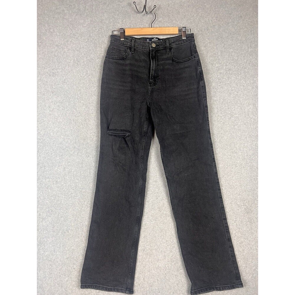 Hollister 90s Straight Jeans Womens 7R 28 x31 High Rise Faded Black Cutoff Holes